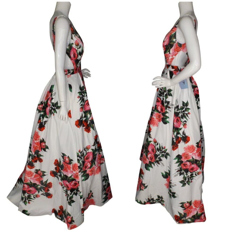 JVN BY JOVANI Gown/Dress, 8, White/Red-pink Roses, Side Cut out, Full Skirt - Picture 11 of 15
